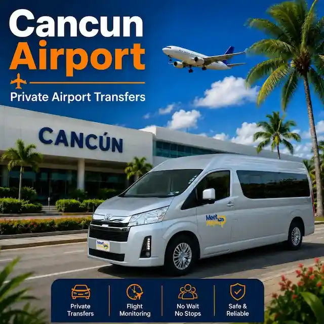 Cancun Airport private transportation with a MeetPlaya van outside the terminal